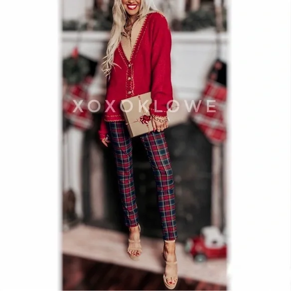 Red Sweater, Button-Front, Statement, Gold Buttons & Sparkly Gold Trim, NWT, M - Picture 4 of 8